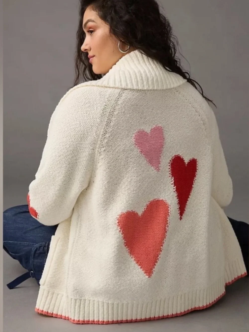 Anthro Heart Cardigan in ivory cream w/ pink & red, shawl collar, cotton Sz M - Picture 7 of 8